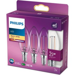 Philips - LED Kaars - E14 - Transparant - 25W - Warm Wit Licht - 3 stuks